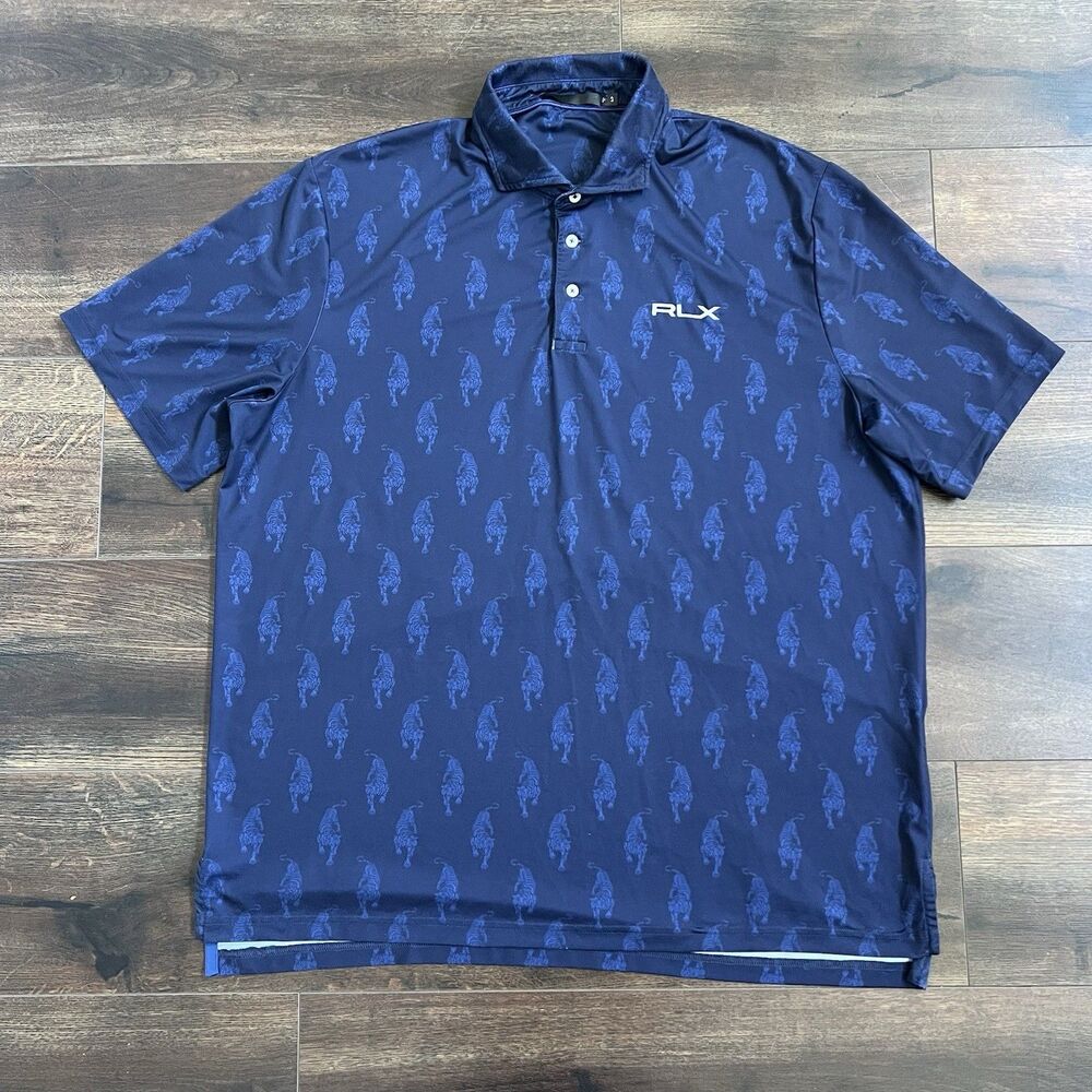 Ralph Lauren Polo Shirt Size Large Blue All Over Tiger Print RLX Firestone Club